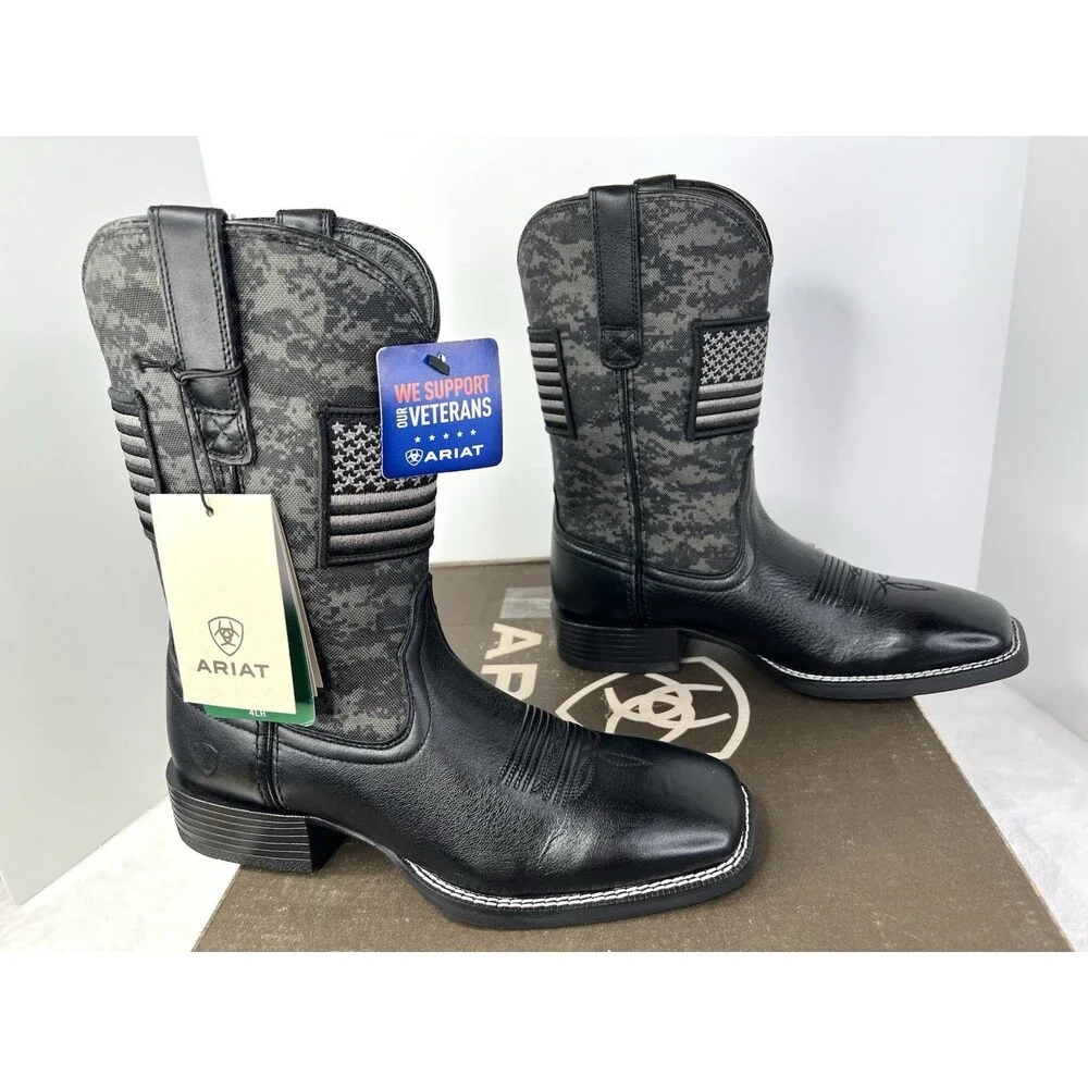 ARIAT Sport Patriot Square Toe Cowboy Boots Mens Size 8.5 D Black Camo Flag New